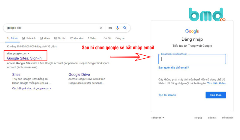 Đăng nhập gmail để tạo web bằng google site