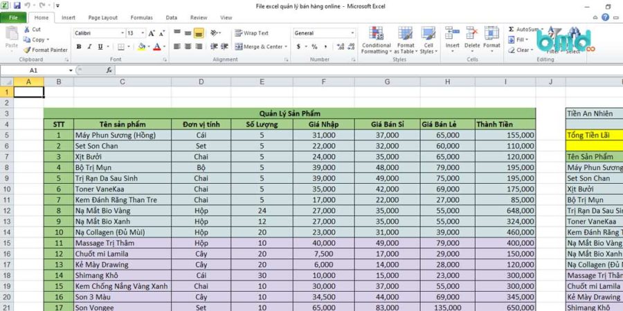 Quản lý đơn hàng bằng excel