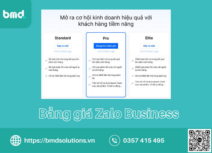 Bảng giá tài khoản Zalo Business 