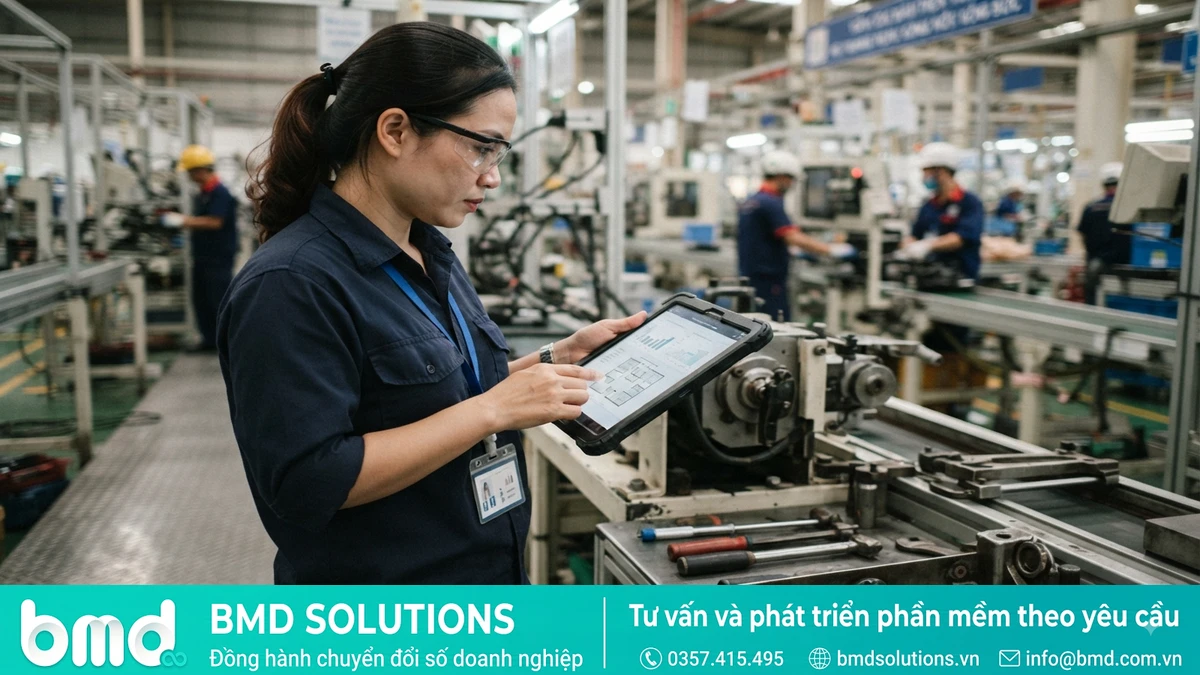 Ảnh đại diện toàn bài: Factory auditor reviewing digital maintenance and production records on a tablet during a facility inspection – Audit nhà máy ngày càng khắt khe: Phần mềm quản lý sản xuất giúp gì?