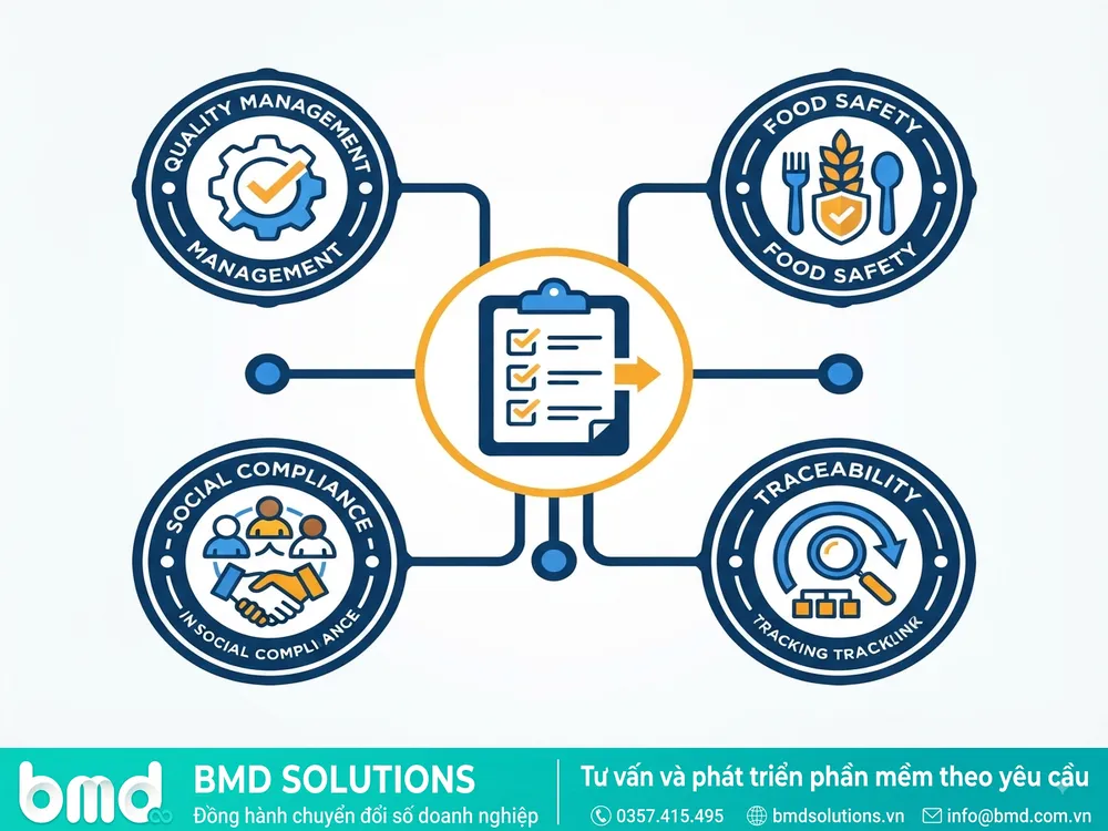 Biểu tượng minh họa các nhóm chứng nhận audit phổ biến: chất lượng, an toàn thực phẩm, trách nhiệm xã hội, truy xuất nguồn gốc – phần mềm hỗ trợ audit nhà máy