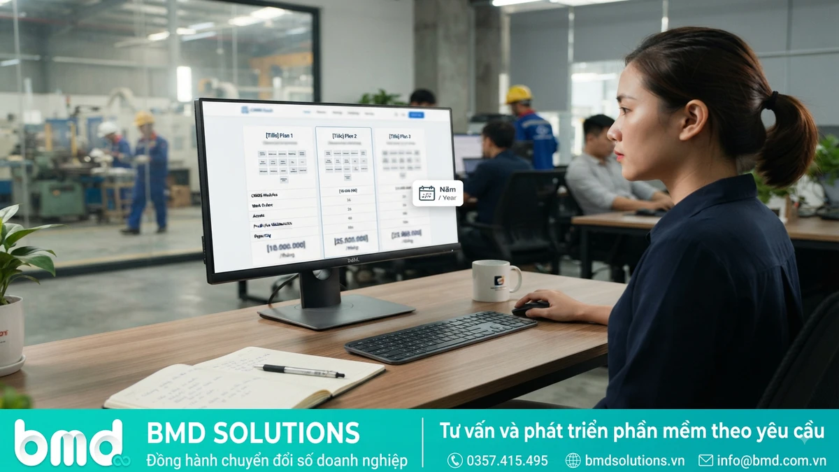 Bảng giá subscription phần mềm CMMS trên màn hình cùng biểu tượng lịch gia hạn hàng năm – bảng giá chi phí gia hạn phần mềm CMMS hàng năm
