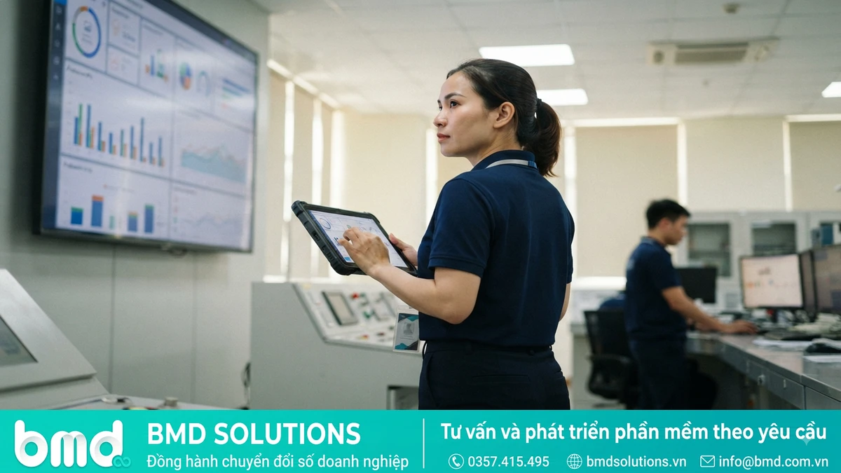 Ảnh đại diện toàn bài: Factory manager viewing a large wall-mounted dashboard screen with production KPI charts in a control room – Báo cáo, dashboard quản lý sản xuất: Nhà máy nên theo dõi chỉ số nào?