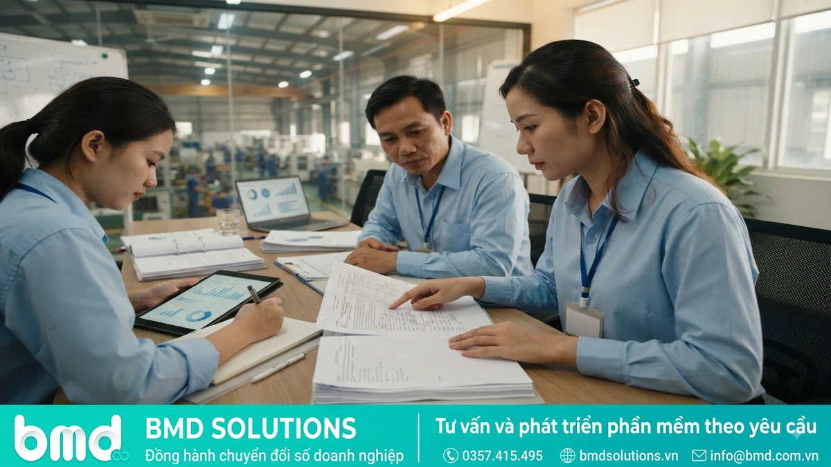 Ảnh đại diện toàn bài: Factory HR and compliance staff reviewing social responsibility audit documents in a meeting room – BSCI, SMETA là gì? Chuẩn bị audit trách nhiệm xã hội bằng phần mềm quản lý sản xuất