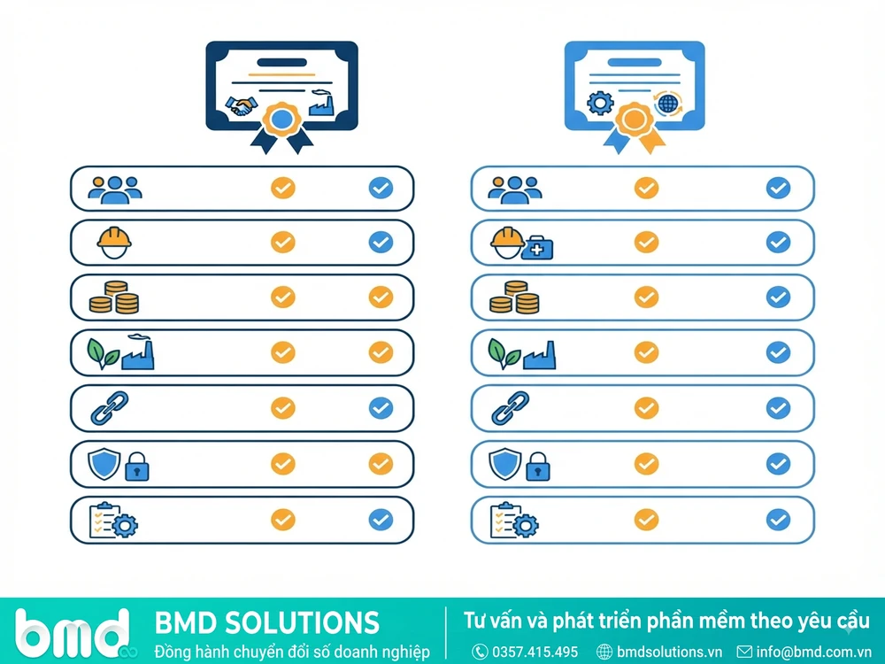 Sơ đồ so sánh trực quan hai tiêu chuẩn BSCI và SMETA theo các tiêu chí đánh giá – BSCI SMETA là gì