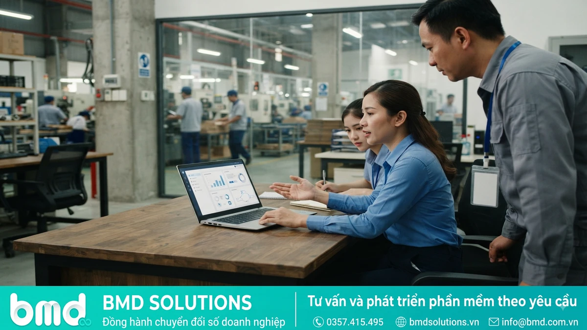 Ảnh đại diện toàn bài: Vietnamese factory office with staff discussing digital transformation on a laptop – Chuyển đổi số ngành sản xuất tại Việt Nam: Nhà nước đang hỗ trợ gì?
