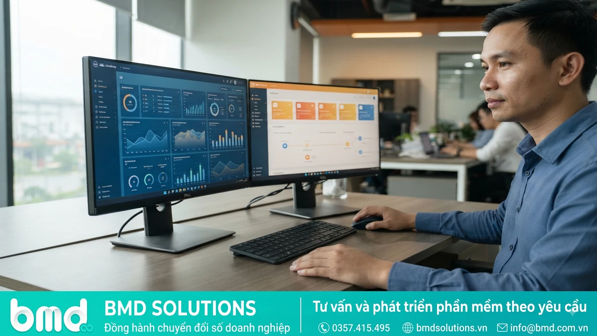 Hai màn hình song song hiển thị giao diện phần mềm CMMS và EAM để so sánh trực quan – CMMS khác EAM như thế nào