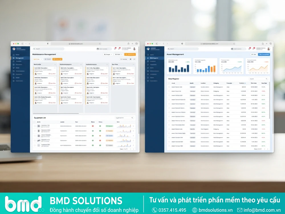 Hai dashboard đặt cạnh nhau so sánh giao diện phần mềm CMMS và EAM – CMMS khác EAM như thế nào