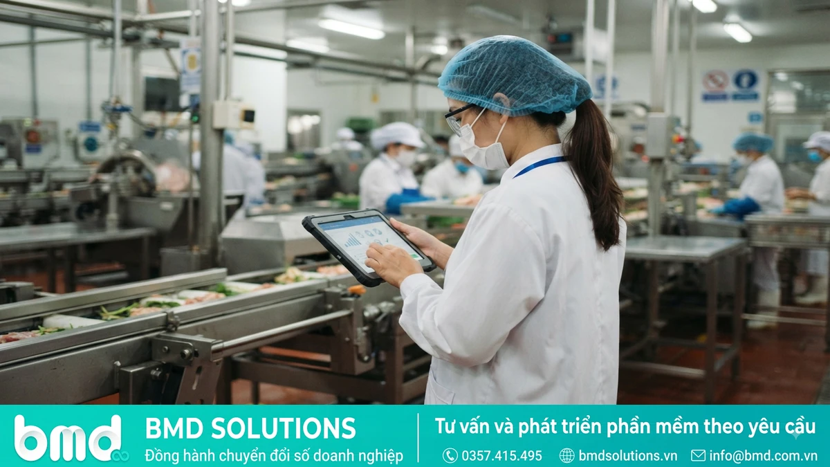 Ảnh đại diện toàn bài: Food safety officer in a food processing plant checking HACCP checklist on a tablet near production line – HACCP, ISO 22000 là gì? Vì sao phần mềm truy xuất nguồn gốc giúp audit dễ hơn