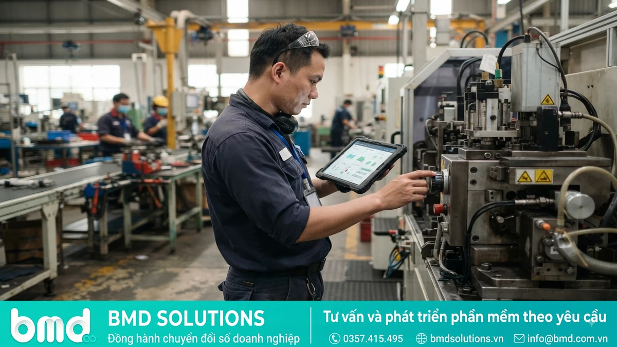 Kỹ sư bảo trì kiểm tra thiết bị nhà máy với hệ thống CMMS tùy chỉnh trên tablet – hệ thống quản lý thiết bị nhà máy theo yêu cầu