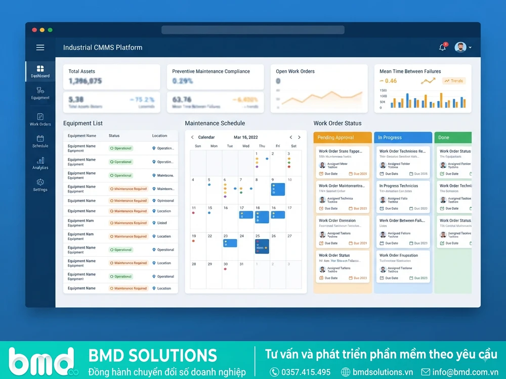 Giao diện dashboard CMMS theo yêu cầu với lịch bảo trì và bảng trạng thái work order – hệ thống quản lý thiết bị nhà máy theo yêu cầu