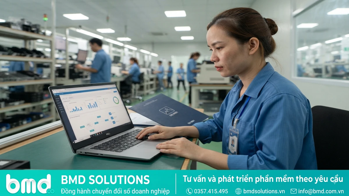 Ảnh đại diện toàn bài: Quality manager holding an ISO 9001 certificate folder while reviewing quality management software on a laptop – ISO 9001 là gì? Phần mềm quản lý sản xuất hỗ trợ duy trì chứng nhận ra sao