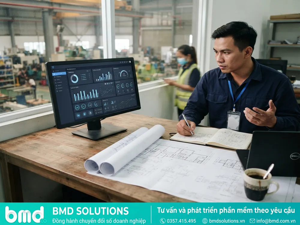 Màn hình máy tính hiển thị giao diện phần mềm custom đặt cạnh bản vẽ sơ đồ quy trình sản xuất – lập trình phần mềm quản lý sản xuất theo yêu cầu