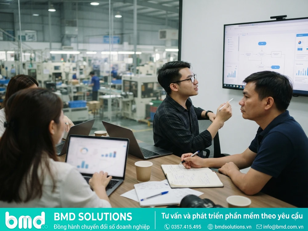 Kỹ sư BMD và quản lý nhà máy khách hàng họp bàn khảo sát quy trình sản xuất trên màn hình lớn – lập trình phần mềm quản lý sản xuất theo yêu cầu