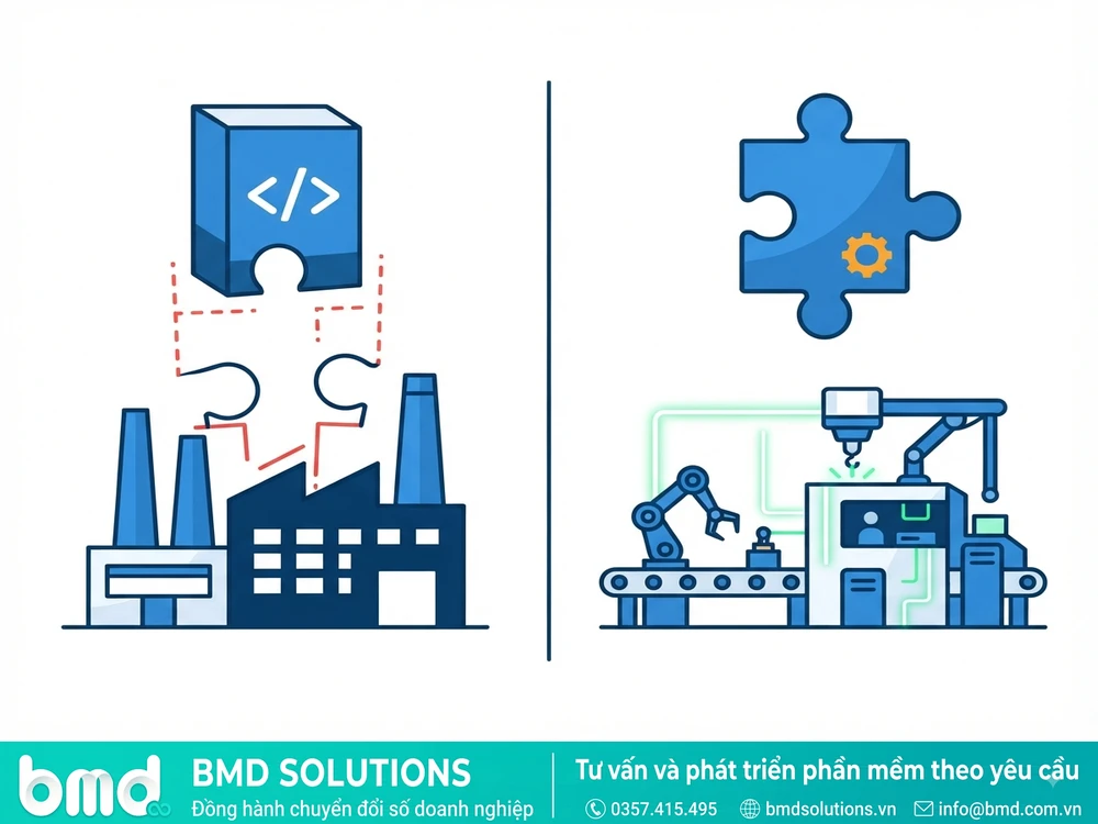Infographic so sánh phần mềm đóng gói cứng nhắc và phần mềm tùy chỉnh vừa khít nhà máy – lập trình phần mềm quản lý sản xuất theo yêu cầu