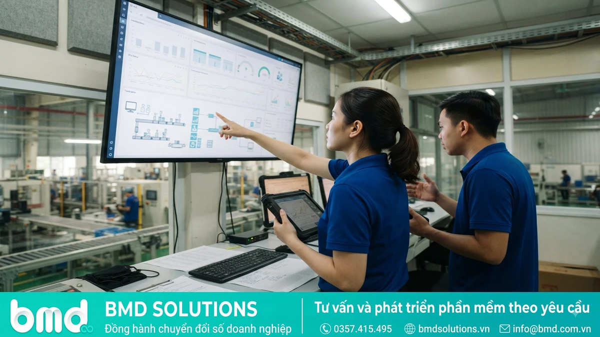 Phòng điều khiển nhà máy với màn hình lớn hiển thị dashboard MES thời gian thực – MES là gì khác ERP sản xuất như thế nào