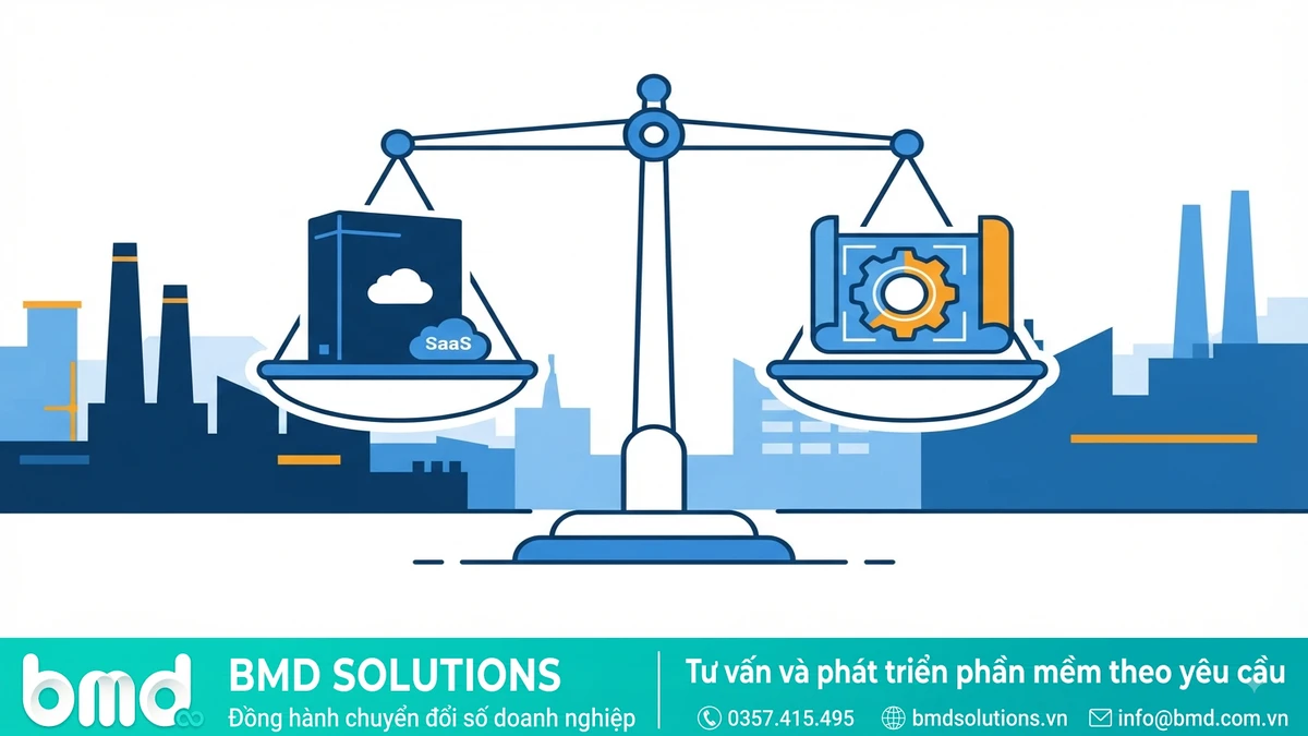 Cán cân so sánh giữa hộp phần mềm đóng gói (SaaS) và phần mềm may đo riêng cho nhà máy – nên chọn phần mềm sản xuất đóng gói hay viết riêng