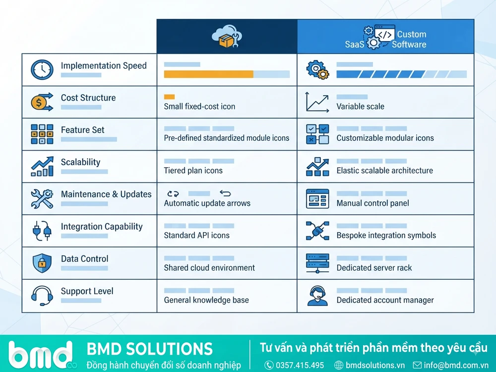 Bảng so sánh infographic 2 cột: phần mềm đóng gói và phần mềm viết riêng – nên chọn phần mềm sản xuất đóng gói hay viết riêng
