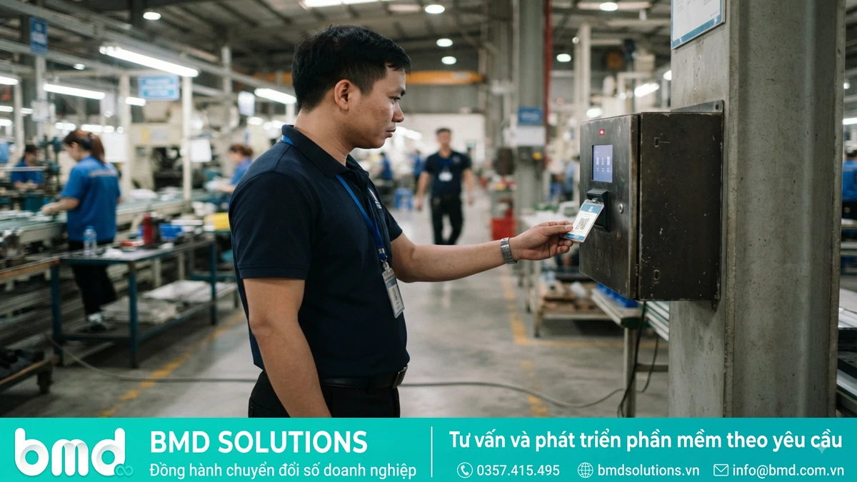 Ảnh đại diện toàn bài: Factory worker scanning a QR code badge at a timekeeping kiosk on the production floor – Phần mềm chấm công, tính lương theo sản lượng cho công nhân nhà máy