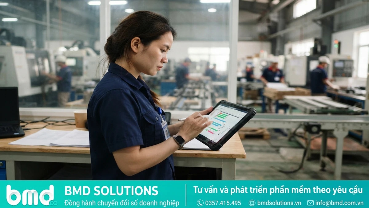 Ảnh đại diện toàn bài: Production planner reviewing a factory scheduling board or tablet showing machine timelines and order allocation across production lines – Phần mềm lập kế hoạch sản xuất (APS) cho nhà máy: Tính năng và lợi ích