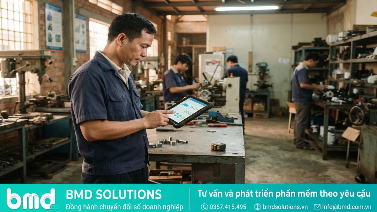 Chủ xưởng sản xuất nhỏ theo dõi tình trạng sản xuất qua tablet trong xưởng quy mô vừa – phần mềm MES cho doanh nghiệp vừa và nhỏ