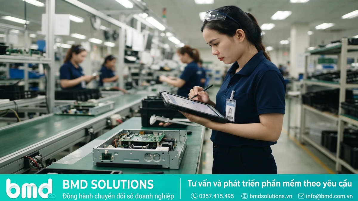 Ảnh đại diện toàn bài: QC inspector at a production line checking product quality with a tablet – Phần mềm quản lý chất lượng (QC/QA) trong sản xuất là gì?