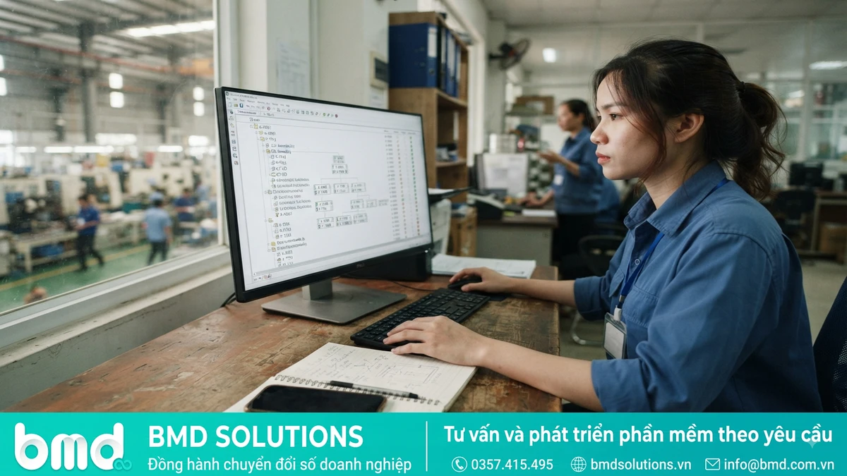 Kỹ sư sản xuất xem bảng định mức nguyên vật liệu (BOM) trên màn hình máy tính trong xưởng – phần mềm quản lý định mức nguyên vật liệu BOM