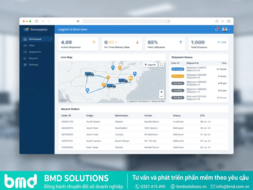 Giao diện dashboard quản lý giao hàng với bản đồ theo dõi xe và danh sách trạng thái đơn hàng – phần mềm quản lý giao hàng, vận chuyển logistics cho doanh nghiệp