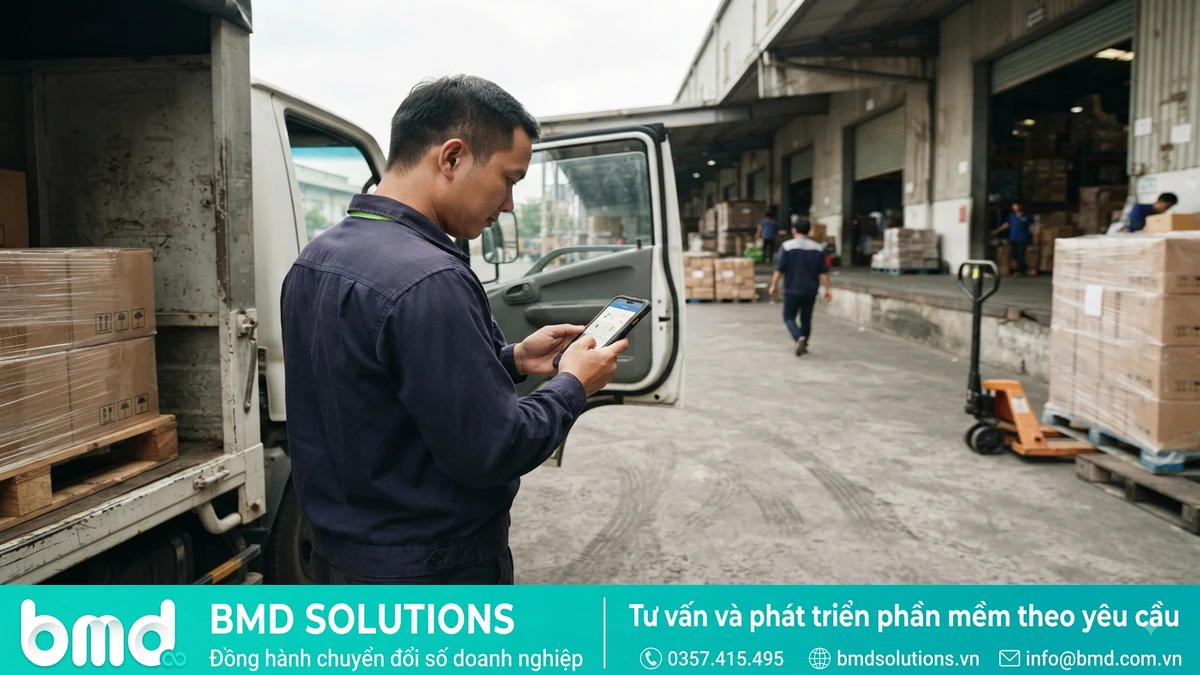 Xe tải giao hàng tại kho nhà máy – phần mềm quản lý giao hàng, vận chuyển logistics cho doanh nghiệp