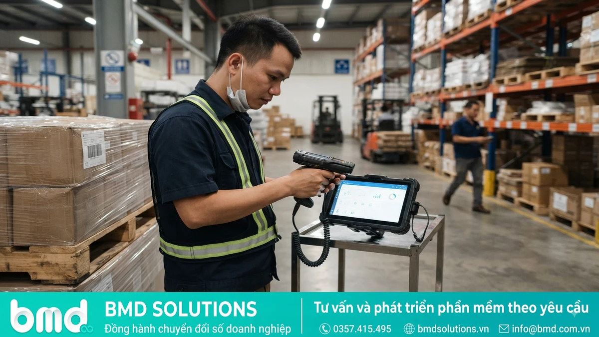 Nhân viên kho quét mã vạch nguyên vật liệu trong kho nhà máy với kệ hàng cao tầng – phần mềm quản lý kho nguyên vật liệu nhà máy