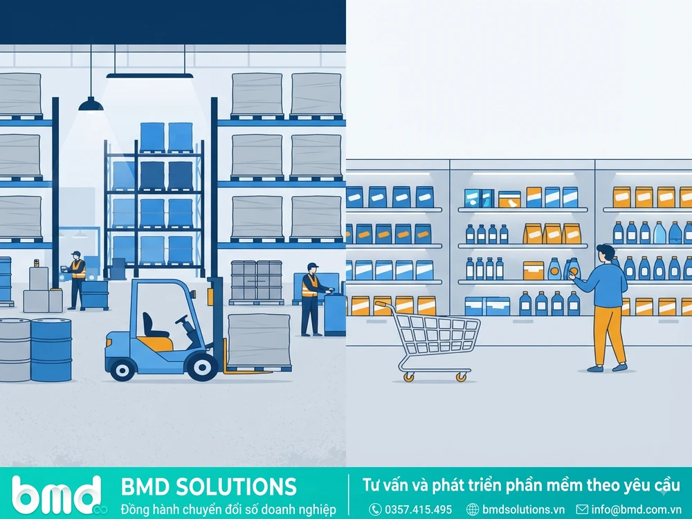 So sánh kho nguyên liệu công nghiệp với kệ hàng bán lẻ – phần mềm quản lý kho nguyên vật liệu nhà máy
