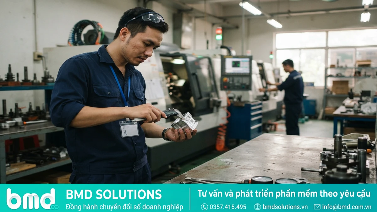 Ảnh đại diện toàn bài: Precision machining workshop with CNC machines running – Phần mềm quản lý sản xuất ngành cơ khí, gia công chính xác