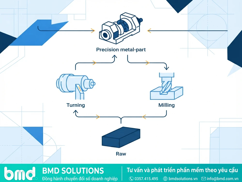 Sơ đồ cây minh họa cấu trúc BOM đa cấp của một chi tiết cơ khí gia công qua nhiều công đoạn – phần mềm quản lý sản xuất ngành cơ khí