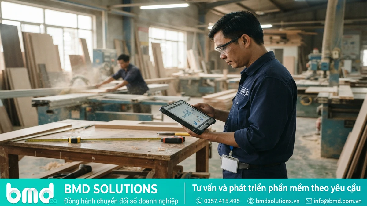 Ảnh đại diện toàn bài: Wood furniture workshop with workers measuring and cutting timber panels – Phần mềm quản lý sản xuất ngành gỗ, nội thất: Bài toán đặc thù