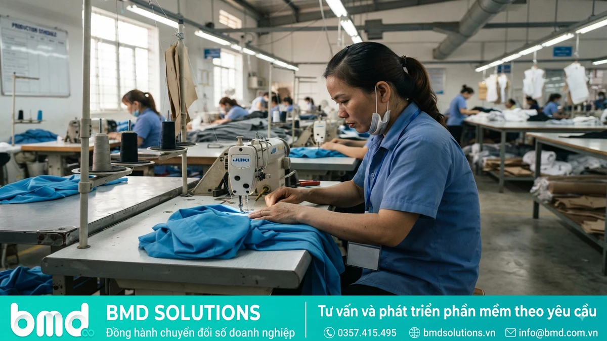 Ảnh đại diện toàn bài: Garment factory production line with workers sewing – Phần mềm quản lý sản xuất ngành may mặc, dệt may: Đặc thù và giải pháp