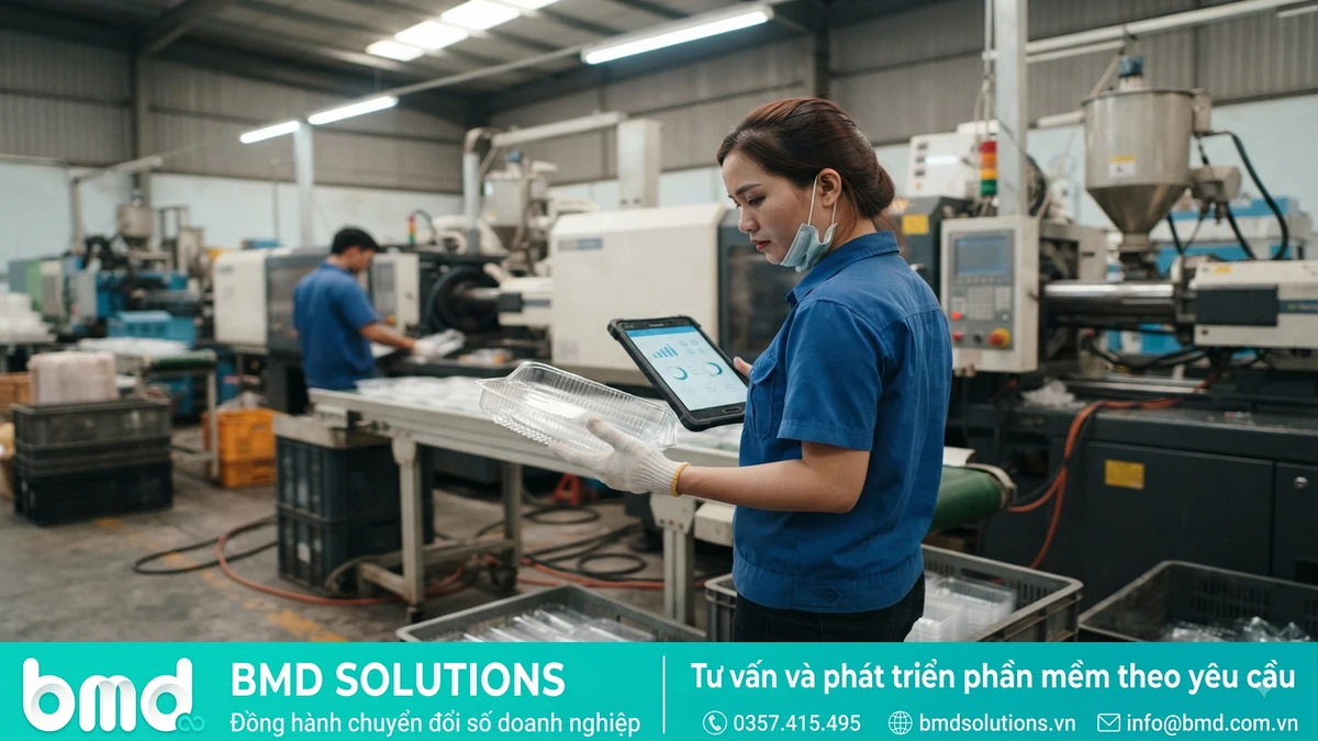 Ảnh đại diện toàn bài: Plastic packaging factory with injection molding machines and workers inspecting finished plastic packaging – Phần mềm quản lý sản xuất ngành nhựa, bao bì