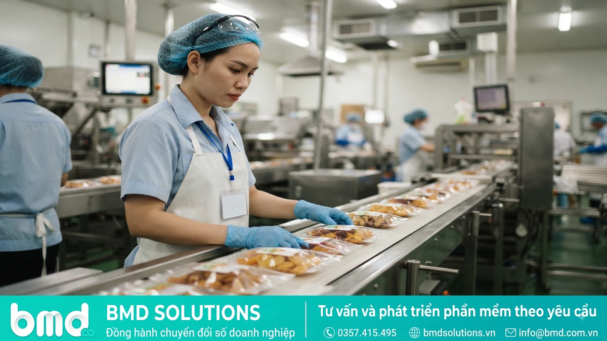 Ảnh đại diện toàn bài: Food processing worker in hairnet and gloves inspecting packaged products on a conveyor belt – Phần mềm quản lý sản xuất ngành thực phẩm, đồ uống chế biến