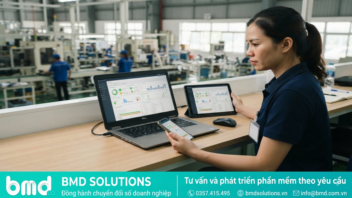 Giao diện phần mềm CMMS đóng gói hiển thị đồng bộ trên laptop – phần mềm quản lý thiết bị nhà máy