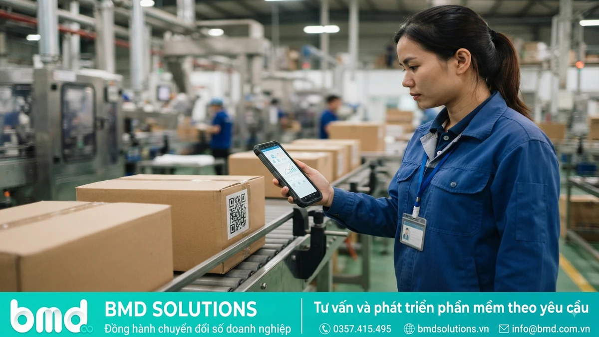 Công nhân quét mã QR truy xuất nguồn gốc trên sản phẩm cuối dây chuyền đóng gói – phần mềm truy xuất nguồn gốc sản xuất