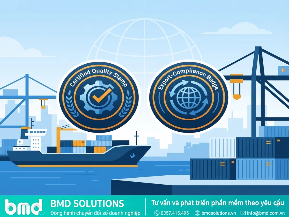 Con dấu chứng nhận chất lượng và xuất khẩu quốc tế trên container hàng hóa – phần mềm truy xuất nguồn gốc sản xuất