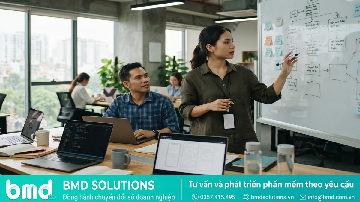 Đội lập trình BMD họp nhóm thảo luận quy trình phát triển phần mềm trước bảng trắng – quy trình lập trình phần mềm theo yêu cầu