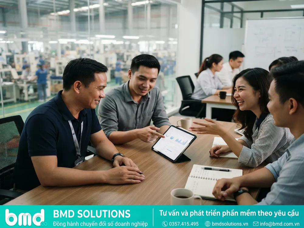Khách hàng và đội ngũ BMD cùng review sản phẩm trên tablet – quy trình lập trình phần mềm theo yêu cầu