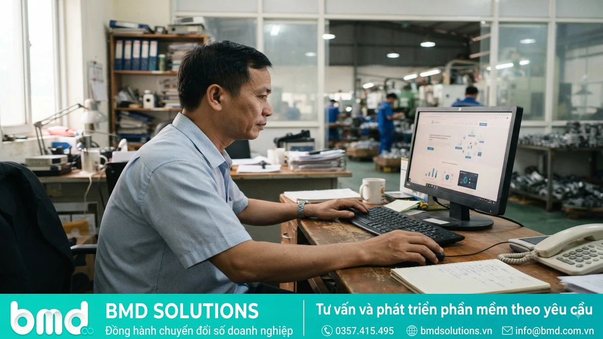 Ảnh đại diện toàn bài: Small factory owner in an office using a computer – SMEdx là gì? Doanh nghiệp sản xuất vừa và nhỏ được hỗ trợ chuyển đổi số ra sao?