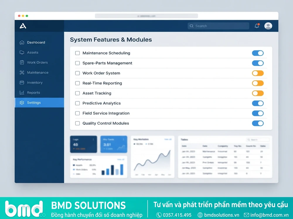 Giao diện màn hình cài đặt/checklist tính năng phần mềm CMMS – tiêu chí chọn phần mềm CMMS phù hợp cho nhà máy