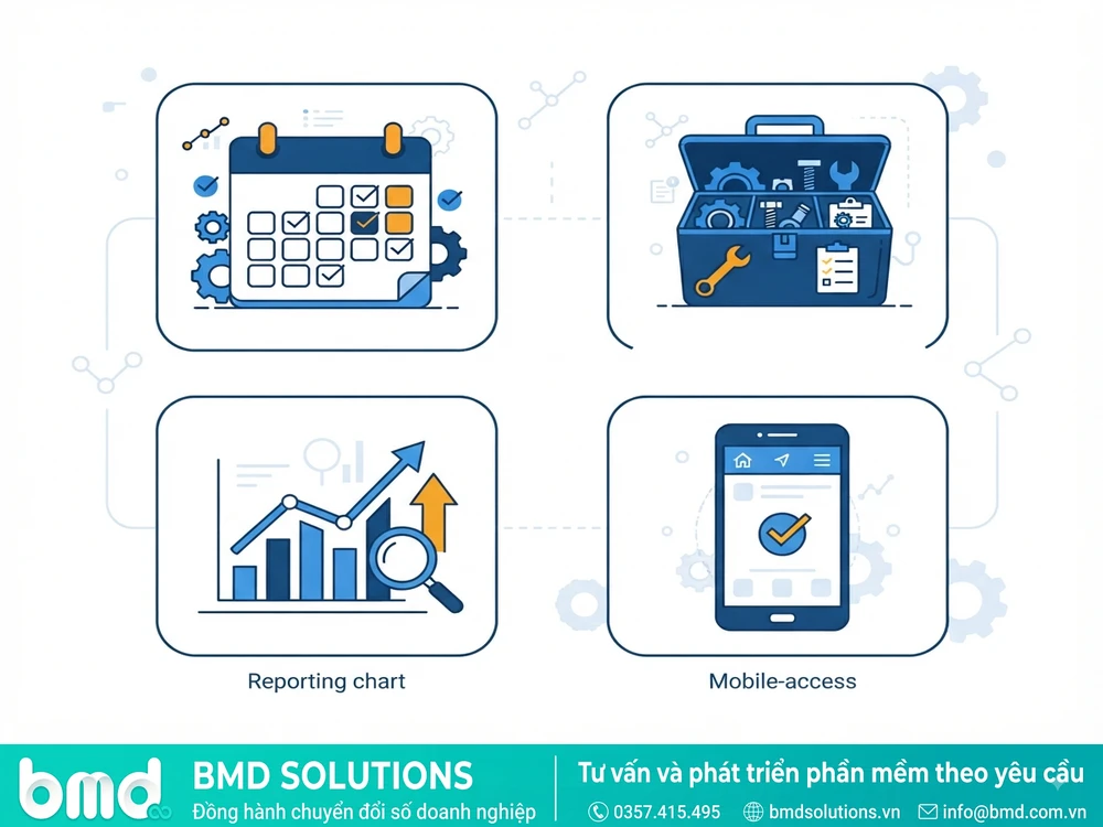 Icon lưới các tính năng cần có: lịch bảo trì – tiêu chí chọn phần mềm CMMS phù hợp cho nhà máy