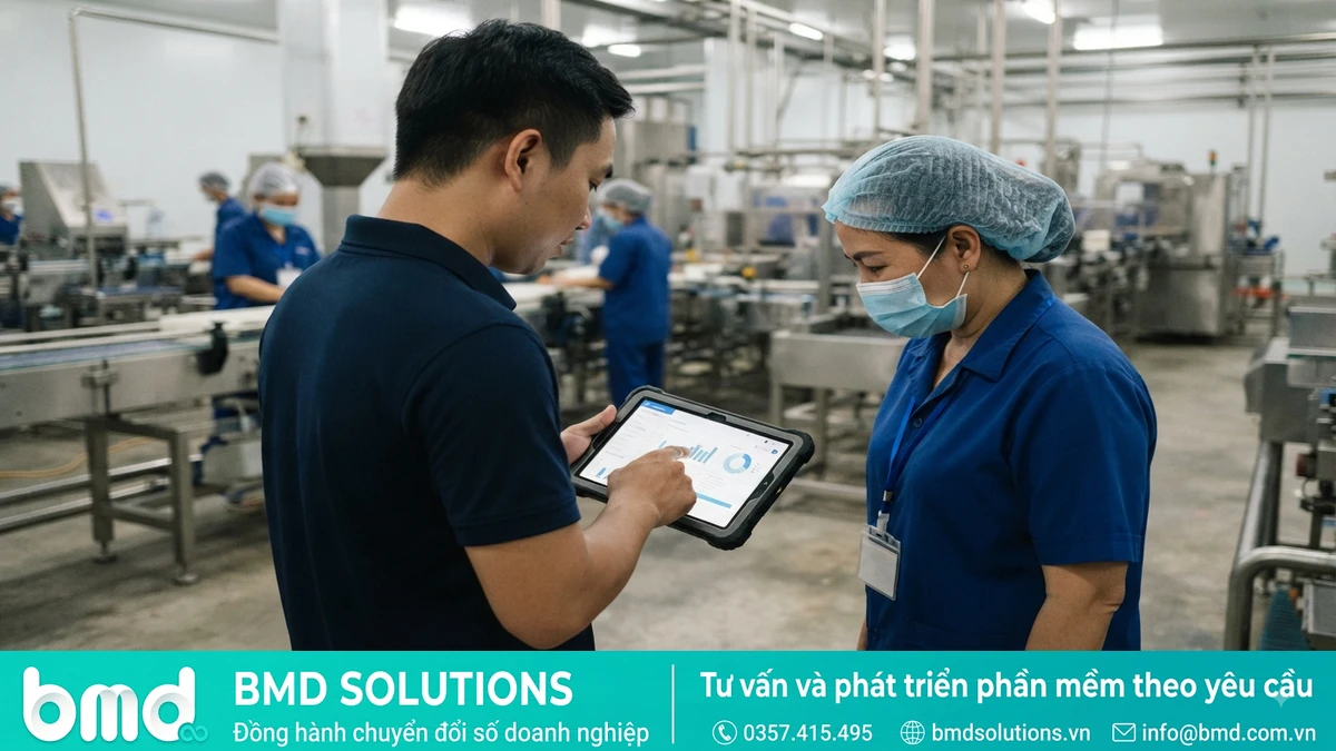 Ảnh đại diện toàn bài: chuyên viên phần mềm trao đổi với quản lý nhà máy chế biến thực phẩm tại Cần Thơ – Công Ty Phần Mềm Tại Cần Thơ Uy Tín, Chuyên Nghiệp