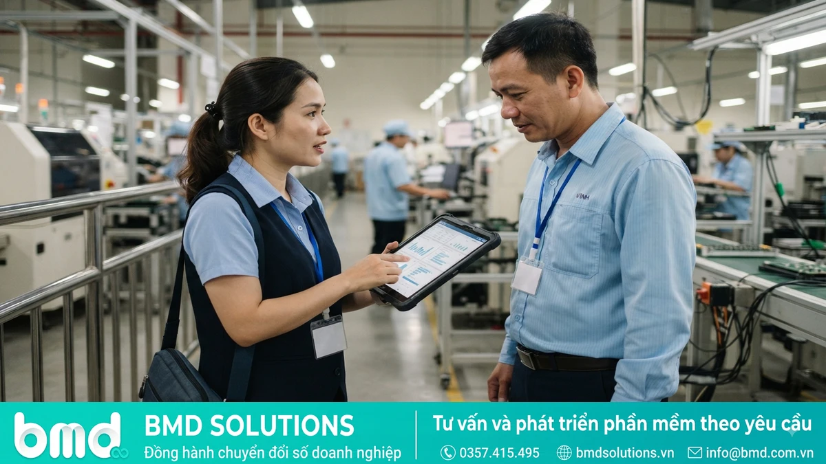 Ảnh đại diện toàn bài: chuyên viên phần mềm trao đổi với quản lý nhà máy sản xuất tại Đồng Nai – Công Ty Phần Mềm Tại Đồng Nai Uy Tín, Chuyên Nghiệp