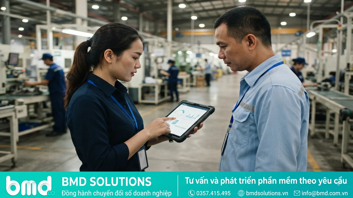 Ảnh đại diện toàn bài: chuyên viên phần mềm trao đổi với quản lý nhà máy sản xuất tại Tây Ninh – Công Ty Phần Mềm Tại Tây Ninh Uy Tín, Chuyên Nghiệp