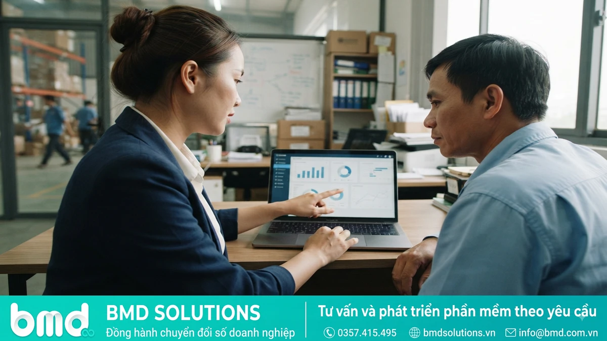 Ảnh đại diện toàn bài: chủ doanh nghiệp phân phối trao đổi với chuyên viên phần mềm về lựa chọn giải pháp – phần mềm dms theo yêu cầu