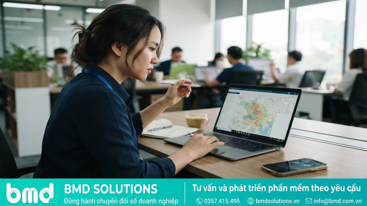 Ảnh đại diện toàn bài: quản lý phát triển thị trường xem bản đồ độ phủ điểm bán trên laptop – phần mềm đo độ phủ điểm bán